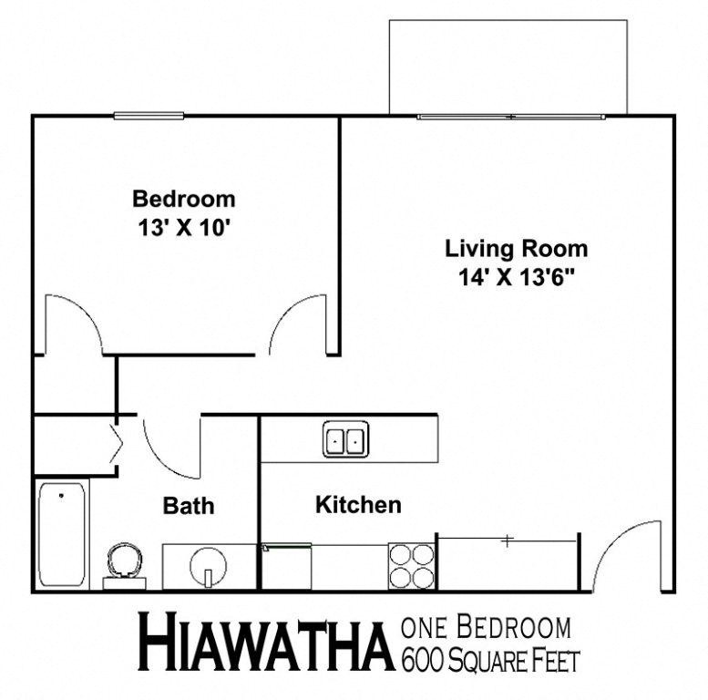 Floor plan for 1 bed, 1 bath, 600 sqft